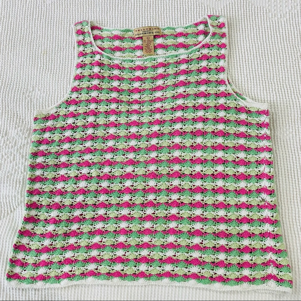 Crochet Knit Tank Sweater - Pink & Green